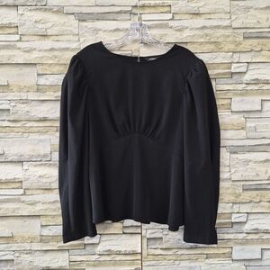​EXPRESS Blouse Size L Black Puff Sleeve Empire Waist Peplum Top Minimalist